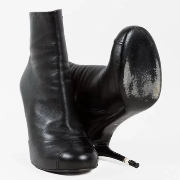 Chanel CC Black Leather Pearl Stiletto Booties - Picture 4 of 11